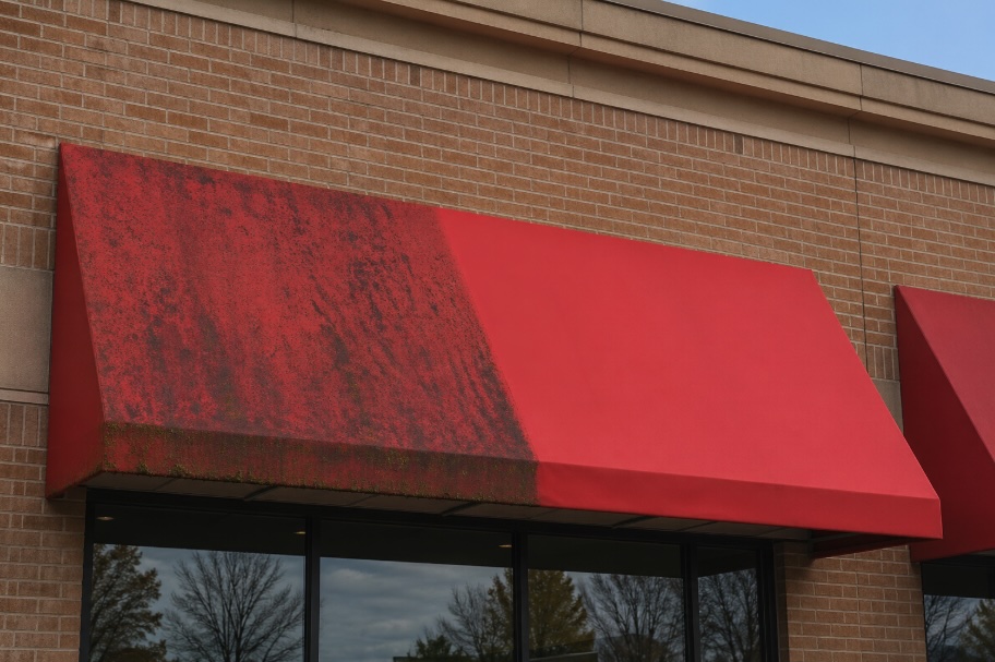 Commercial storefront in New Jersey with a red fabric awning on a brick building; one side is heavily stained with dark mildew and green growth, while the other side is freshly cleaned with bright, even color and a smooth appearance.