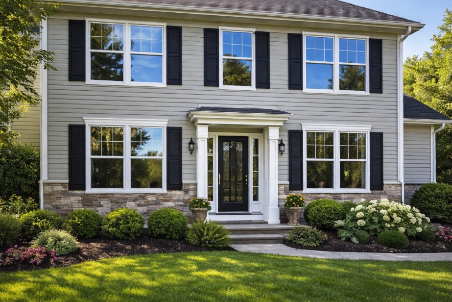 A two-story colonial home in a New Jersey suburb with vinyl siding and black shutters, featuring large, spotless windows reflecting a clear blue sky. Morning sunlight shines across the front of the house, highlighting the clean glass and white trim. A neatly maintained lawn and landscaped shrubs fill the foreground, with no people visible.