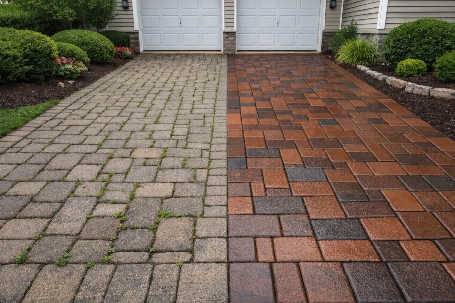 A side-by-side view of a brick paver driveway at a New Jersey suburban home, showing a clear before-and-after contrast. The left side appears faded, dirty, and overgrown with weeds between the joints, while the right side is freshly cleaned and sealed with rich color and crisp, clean lines. The driveway leads to a two-car garage, with neatly landscaped beds along the edges and no people present.
