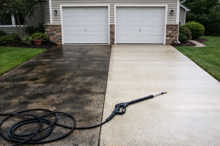 A suburban New Jersey home with vinyl siding and a two-car garage sits behind a concrete driveway split down the middle. The left side of the driveway is dark, stained, and covered with embedded dirt and oil marks, while the right side is freshly pressure washed, appearing bright and clean. A pressure washing wand and coiled hose rest on the cleaned portion. Natural daylight illuminates the scene, with no people present.
