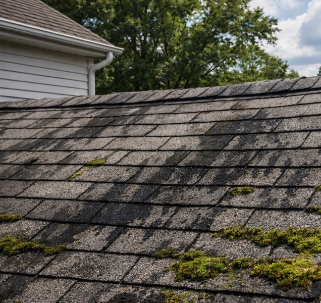 Close-up of an asphalt shingle roof on a New Jersey home with black algae streaks and moss growth, surrounded by trees under a partly cloudy sky.
