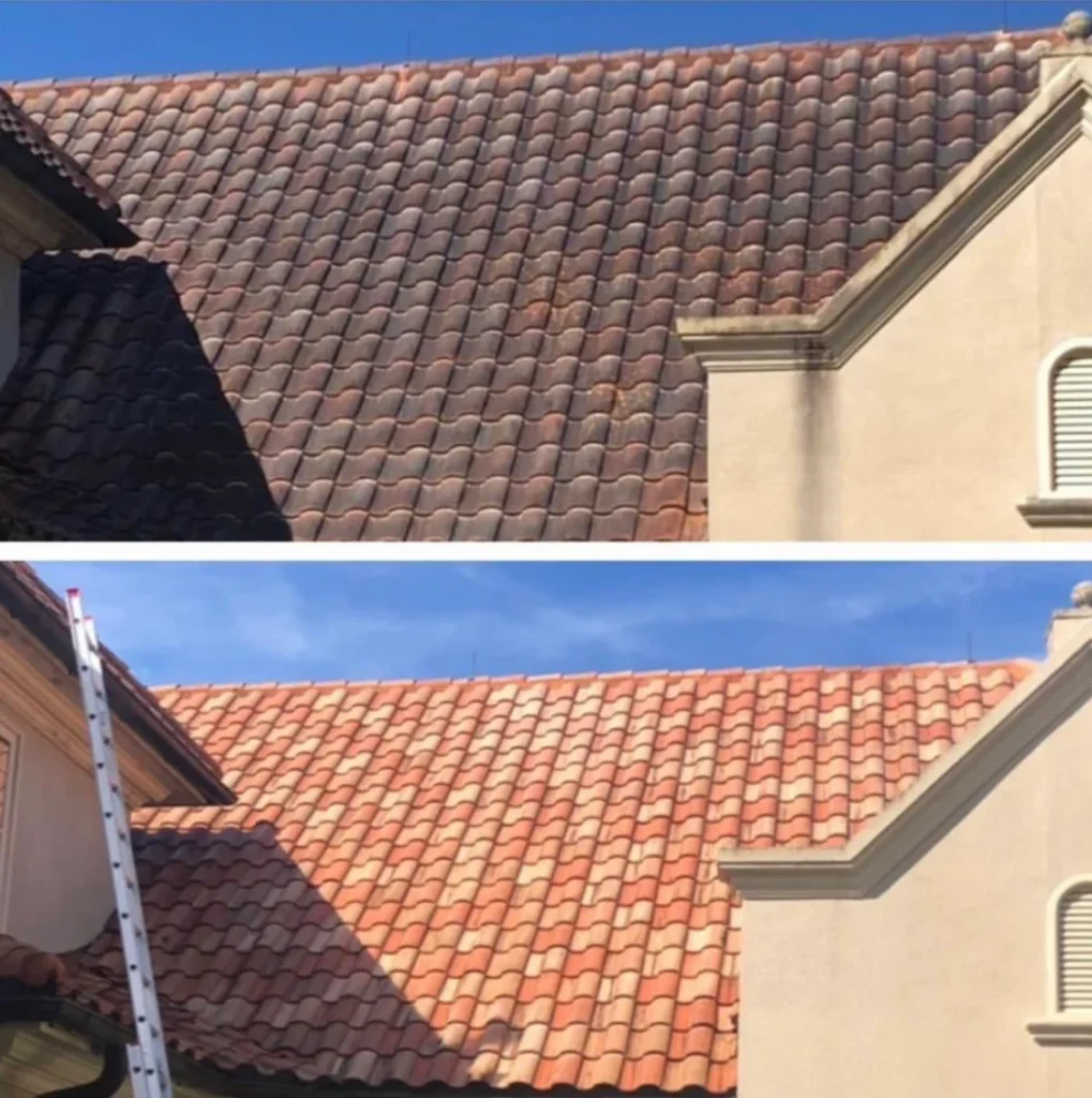 Before and after tile roof cleaning removing discoloration and restoring vibrant color in Bayville NJ
