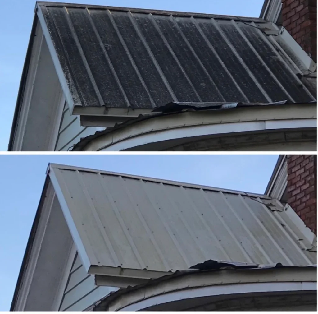 Before and after metal roof cleaning eliminating heavy staining and restoring original finish in Bayville NJ