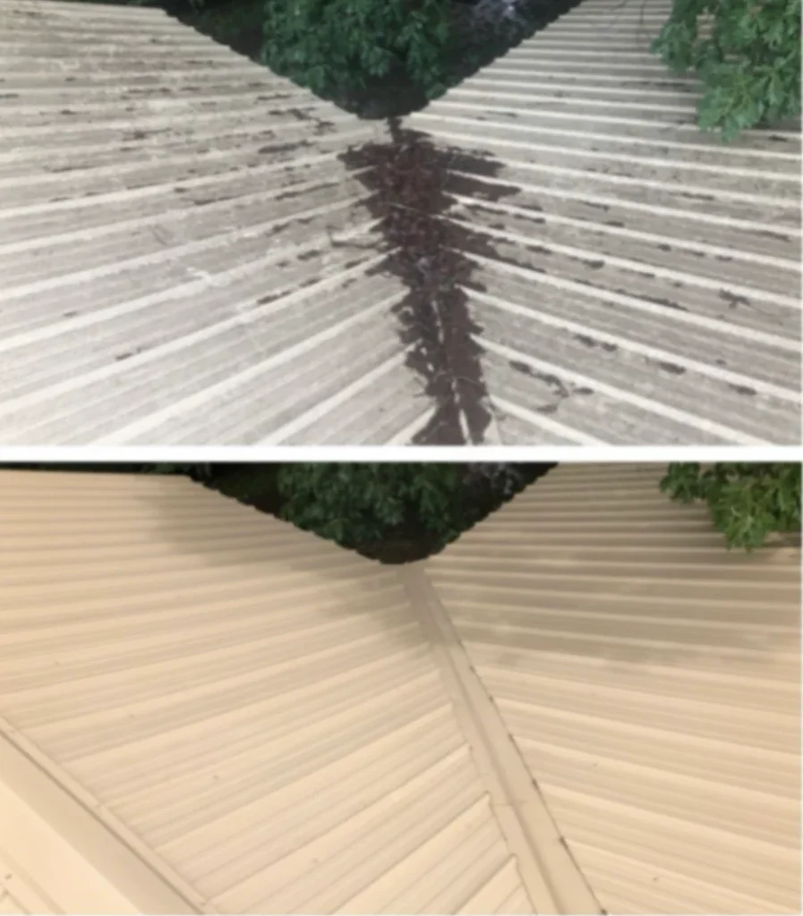 Before and after roof cleaning removing buildup and brightening metal roof panels in Bayville NJ