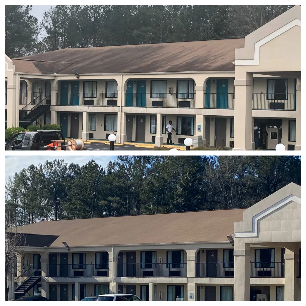 Before and after commercial roof cleaning improving appearance and removing heavy discoloration on motel in Brick NJ