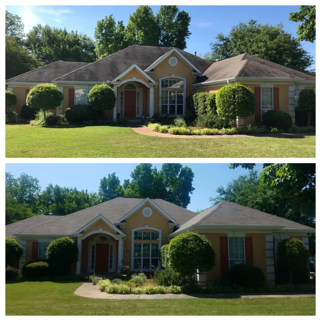 Before and after roof cleaning removing dark staining and restoring original roof color on stucco home in Brick NJ