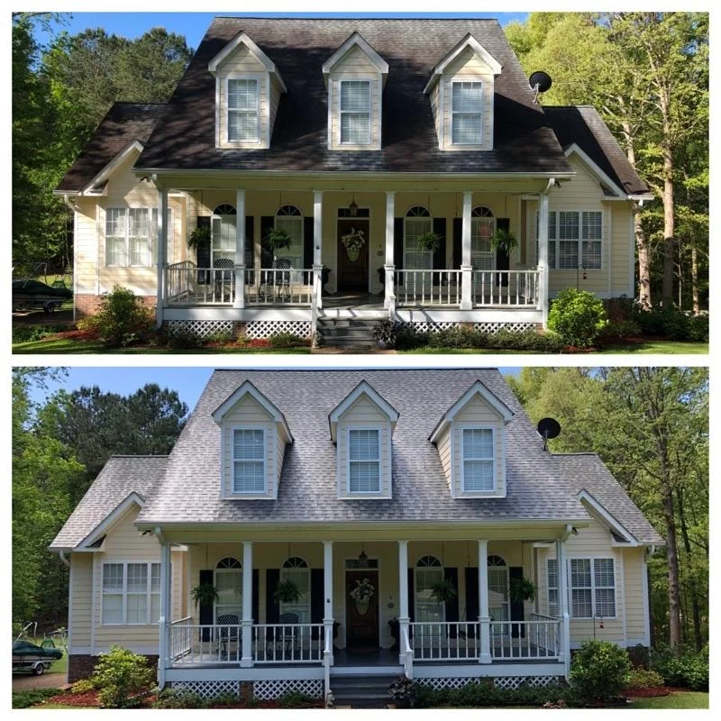 Before and after roof soft washing brightening shingles and improving curb appeal on residential home in Brick NJ