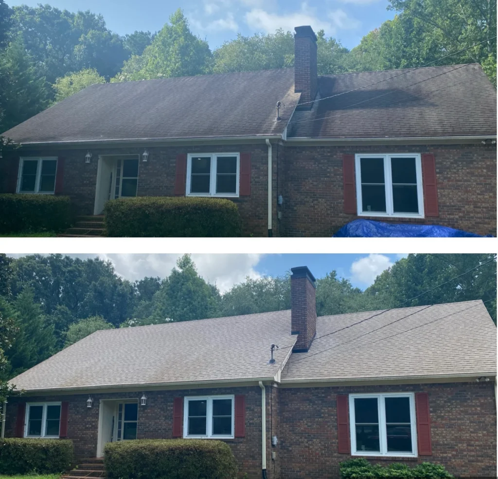 Before and after roof cleaning removing algae streaks and restoring shingle color on brick home in Brick NJ