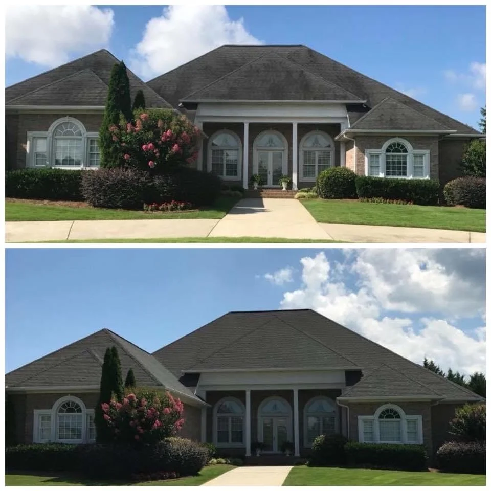 Before and after roof cleaning improving curb appeal on large residential home in Burlington County NJ