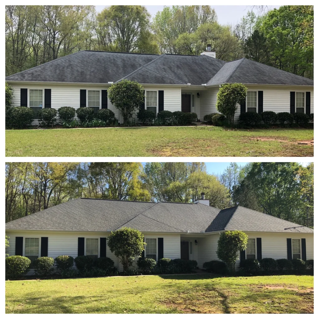 Before and after roof cleaning removing algae streaks from shingle roof on residential home in Burlington County NJ