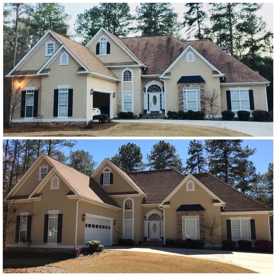 Roof soft wash before and after removing discoloration and stains from shingles in Burlington County NJ