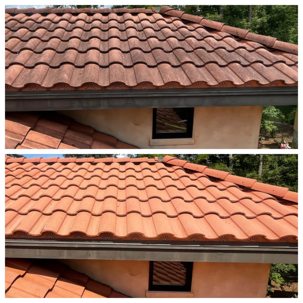 Before and after clay tile roof cleaning removing dirt and stains in Lacey Township NJ