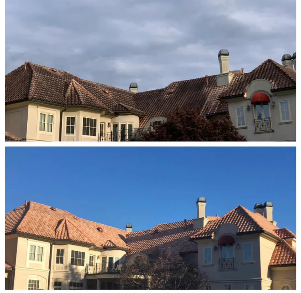 Before and after tile roof cleaning restoring color and removing buildup on residential property in Lacey Township NJ
