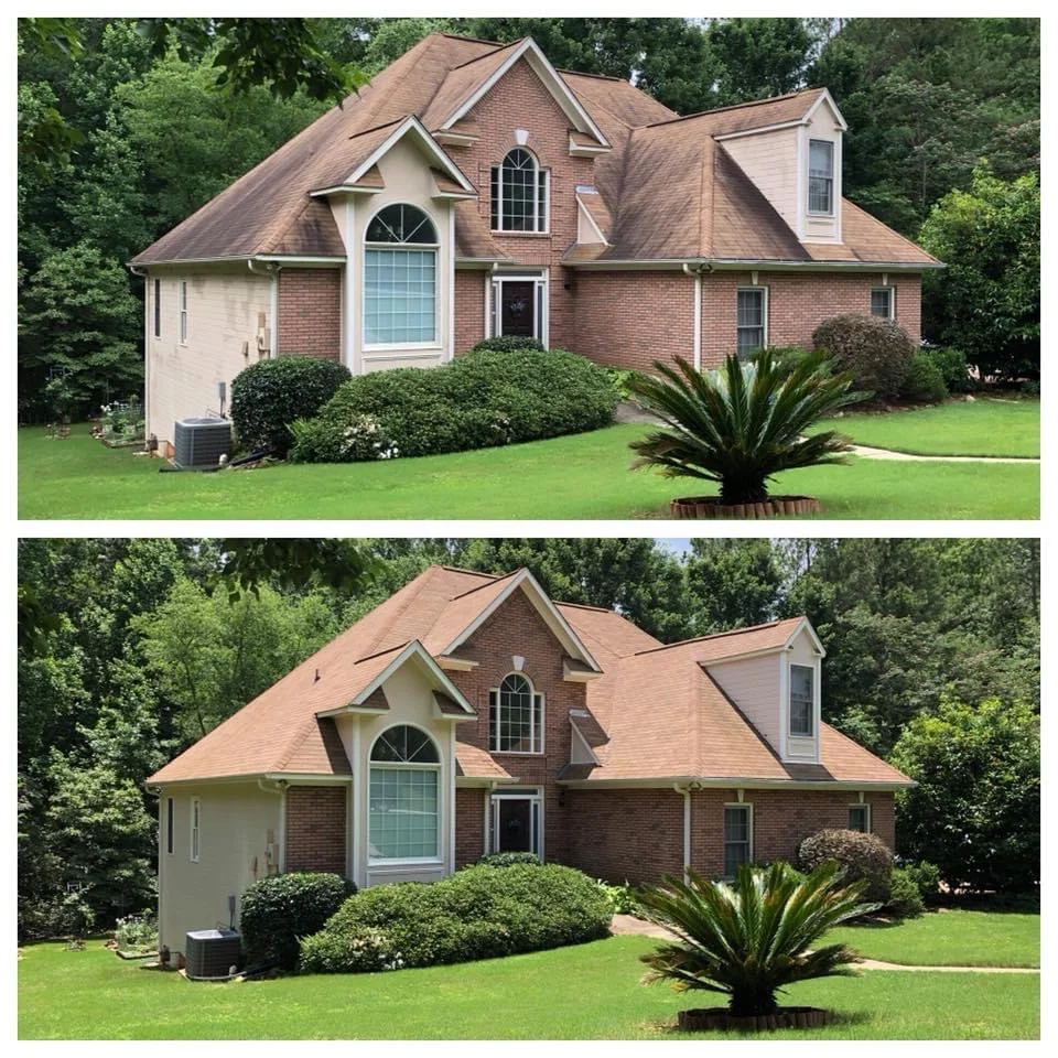 Before and after roof cleaning improving curb appeal on residential home in Manahawkin NJ