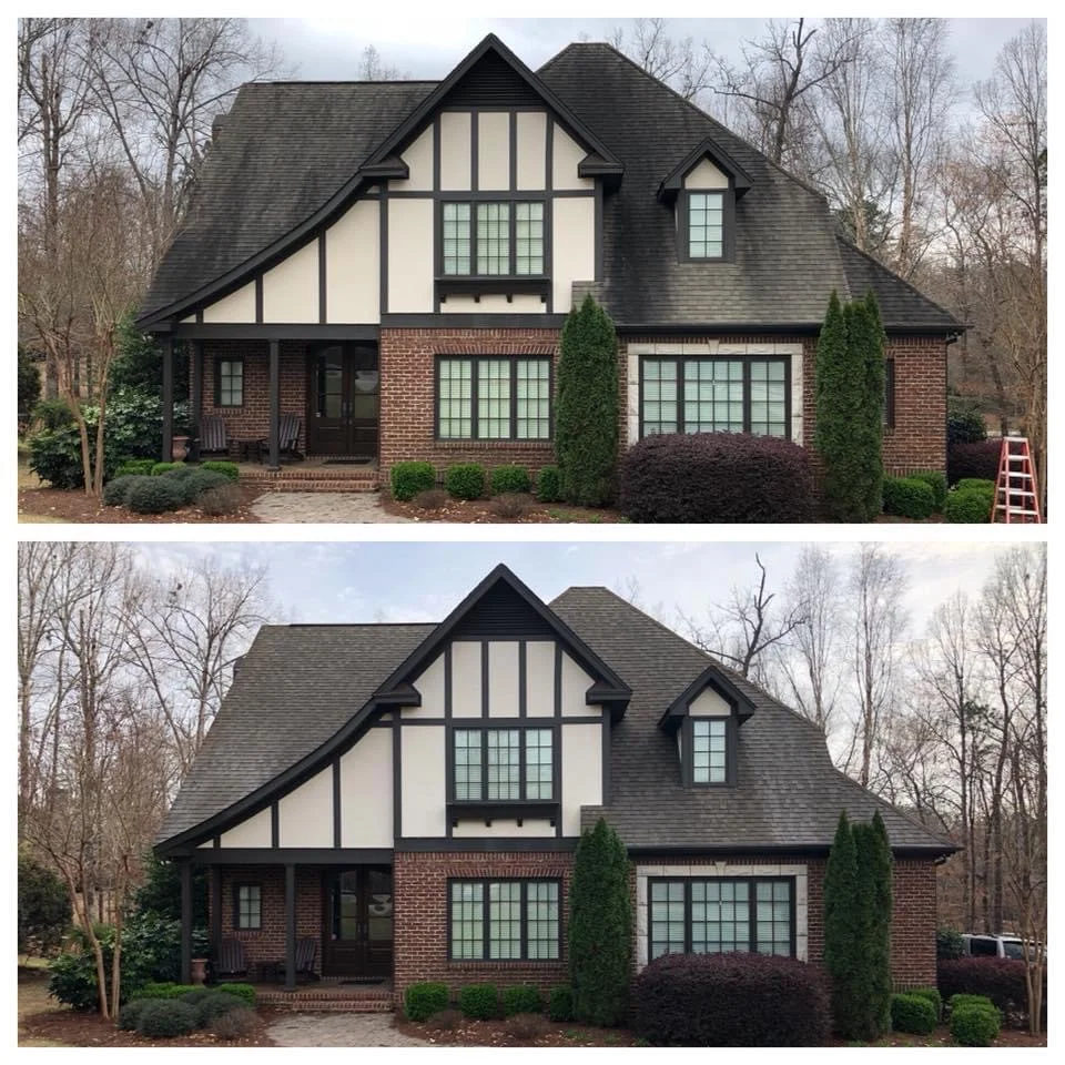 Before and after roof cleaning removing black streaks and algae from shingles on residential home in Manahawkin NJ
