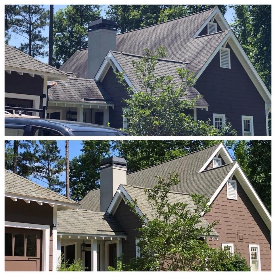 Roof soft washing before and after removing discoloration and stains from shingles in Manahawkin NJ