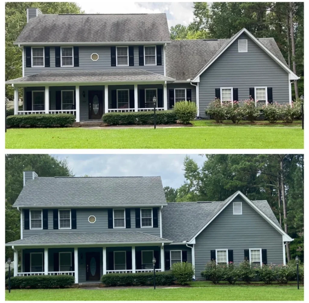 Before and after roof soft wash removing algae stains from shingles on two-story home in Monmouth County NJ