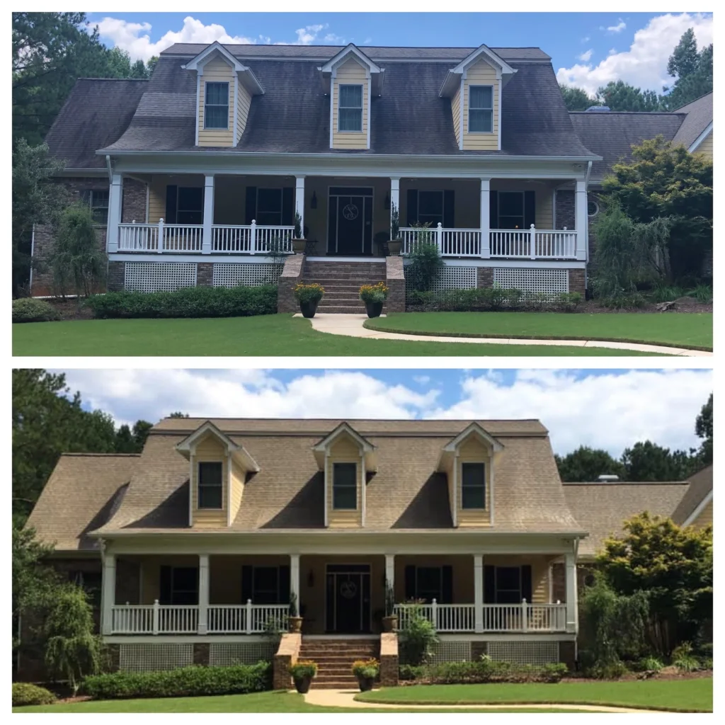 Before and after roof cleaning improving curb appeal on home with front porch in Monmouth County NJ