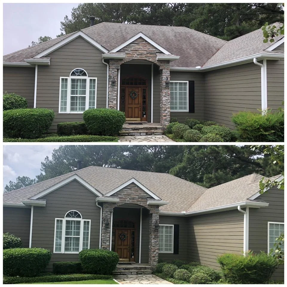 Roof soft washing before and after restoring shingle color on residential home in Monmouth County NJ