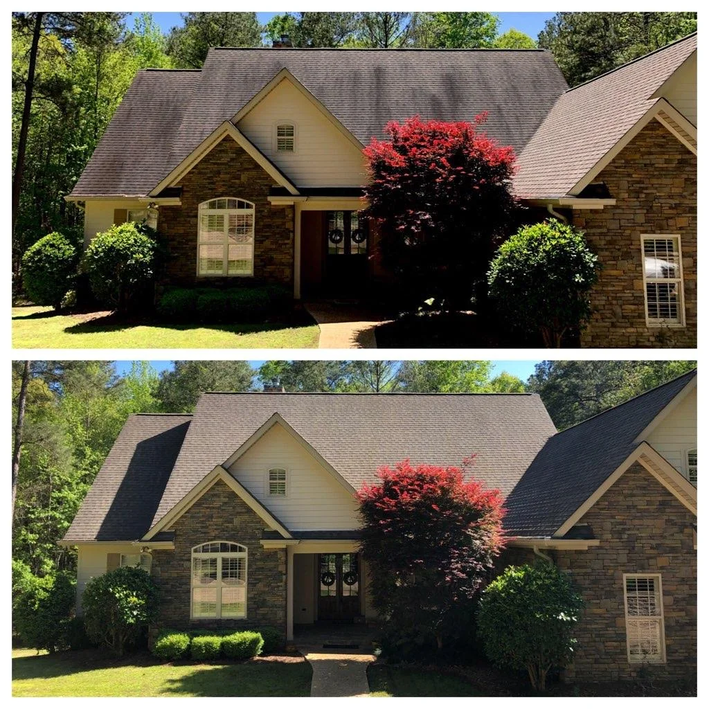 Before and after roof cleaning removing dark streaks from shingles on residential home in Monmouth County NJ
