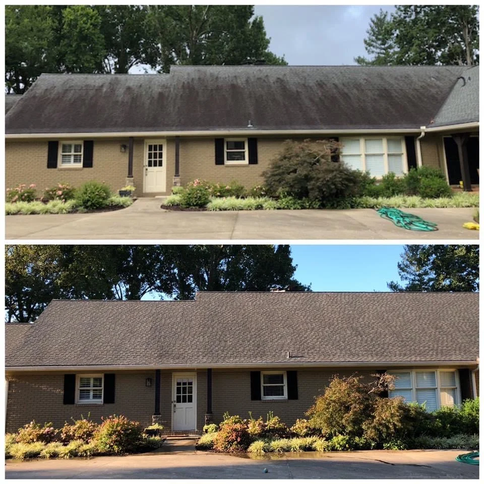 Roof soft washing before and after on ranch home eliminating algae stains in Ocean County NJ