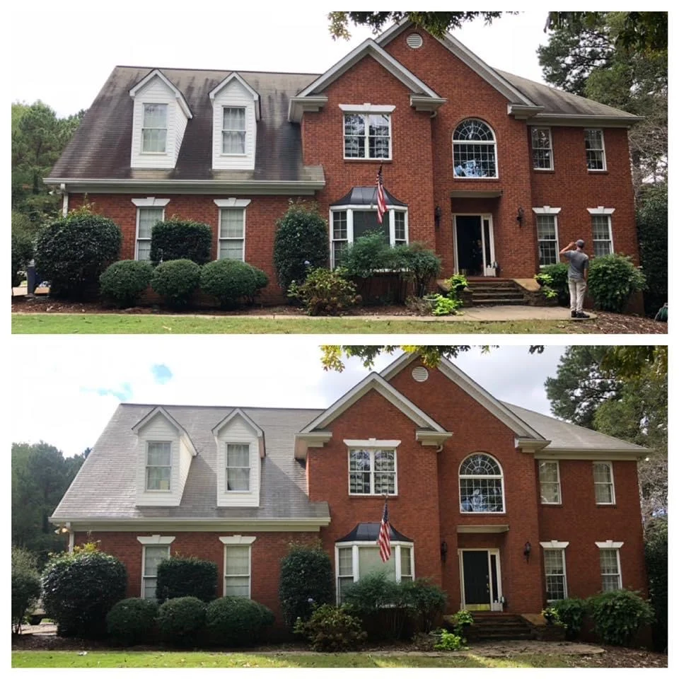 Before and after roof cleaning removing black streaks from brick home roof in Ocean County NJ