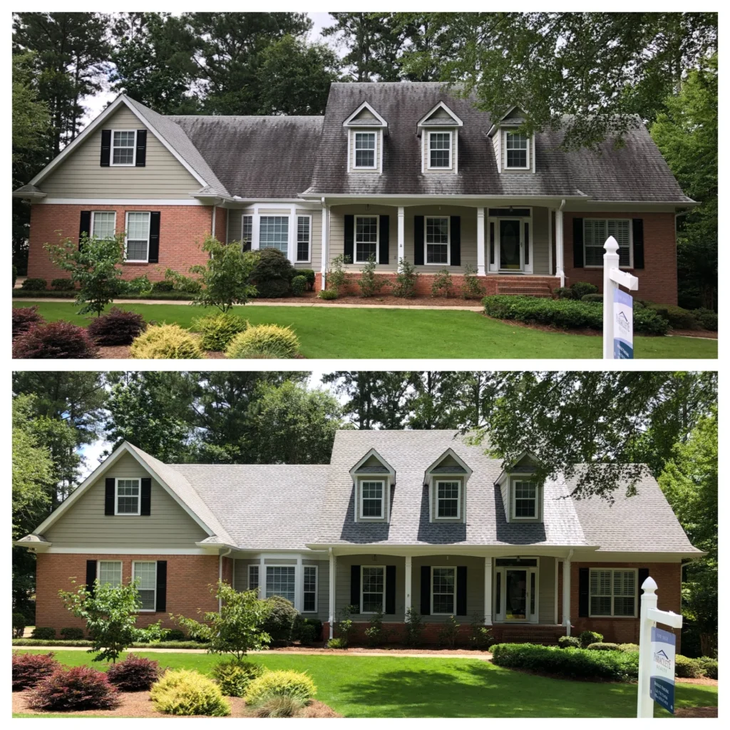 Residential roof soft wash before and after improving curb appeal on home in Ocean County NJ