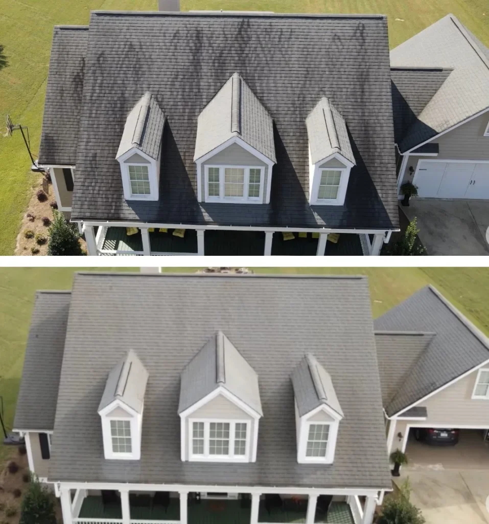Aerial before and after roof cleaning removing black streaks and algae from shingle roof in Ocean County NJ