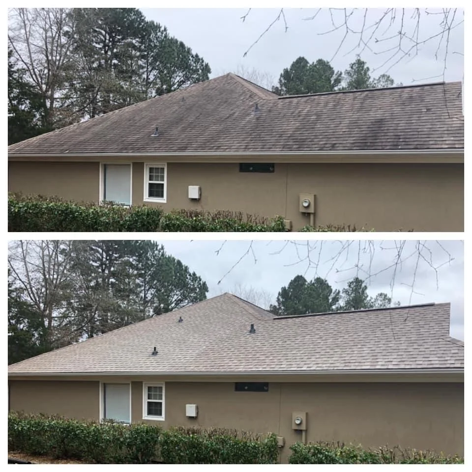 Side view roof cleaning before and after removing discoloration from shingles in Ocean County NJ