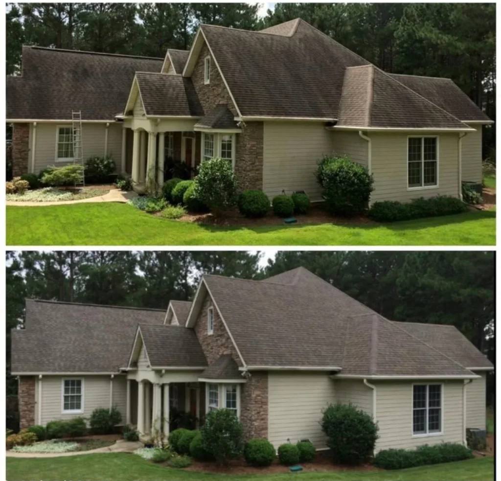 Before and after roof cleaning restoring curb appeal and removing dark streaks from shingles in Toms River NJ
