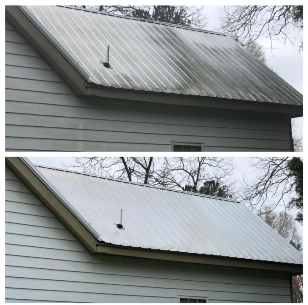 Before and after metal roof cleaning removing dirt and oxidation buildup in Toms River NJ