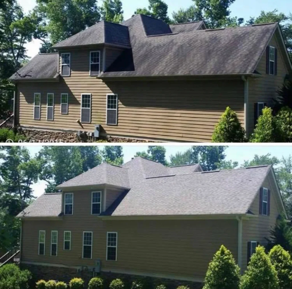 Before and after roof soft washing improving appearance and removing streaks from residential roof in Toms River NJ