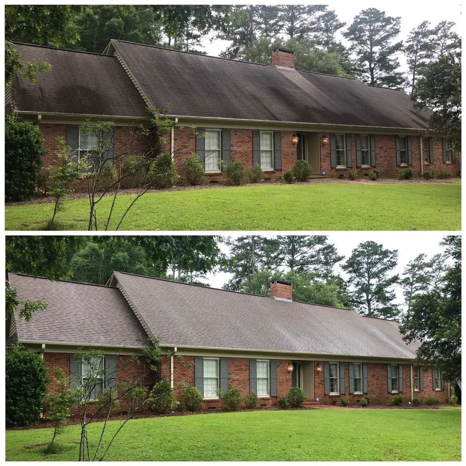 Before and after roof cleaning removing heavy algae staining from shingle roof on brick home in Toms River NJ