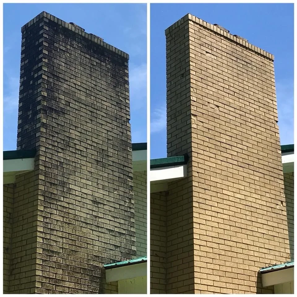 Before and after chimney cleaning removing dark staining from brick in Atlantic County NJ