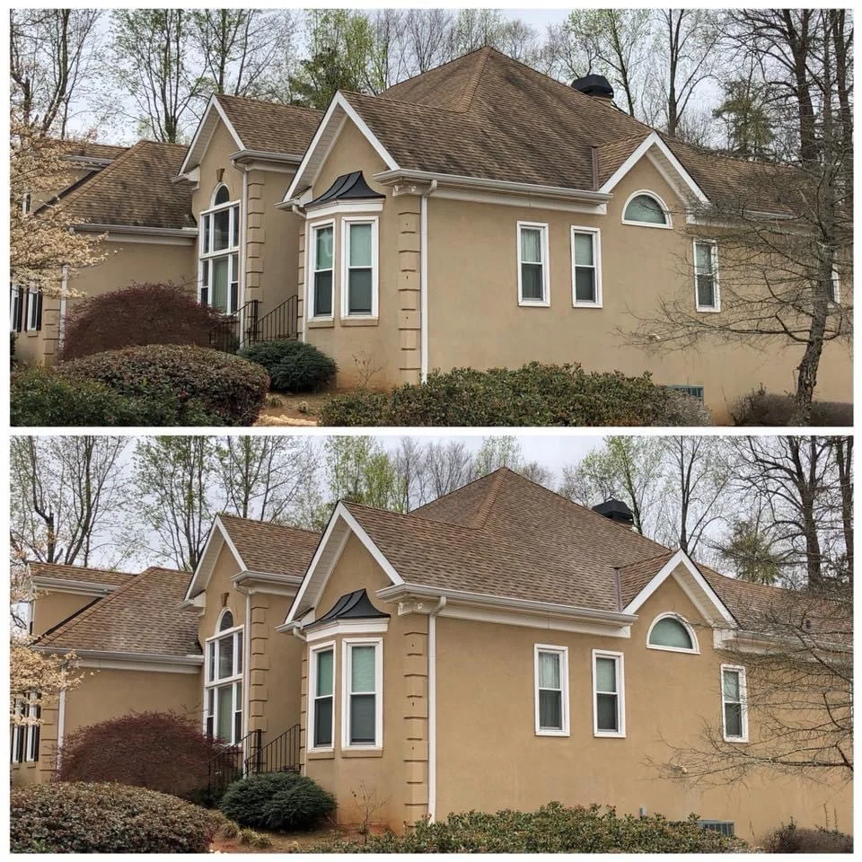 Before and after roof cleaning removing algae stains from shingles on residential home in Atlantic County NJ