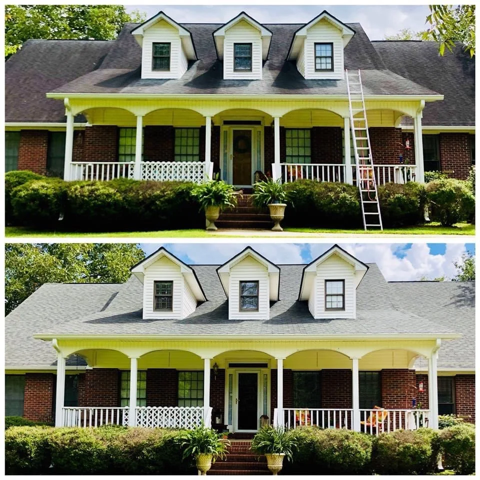 Before and after roof soft wash improving curb appeal on residential home in Atlantic County NJ
