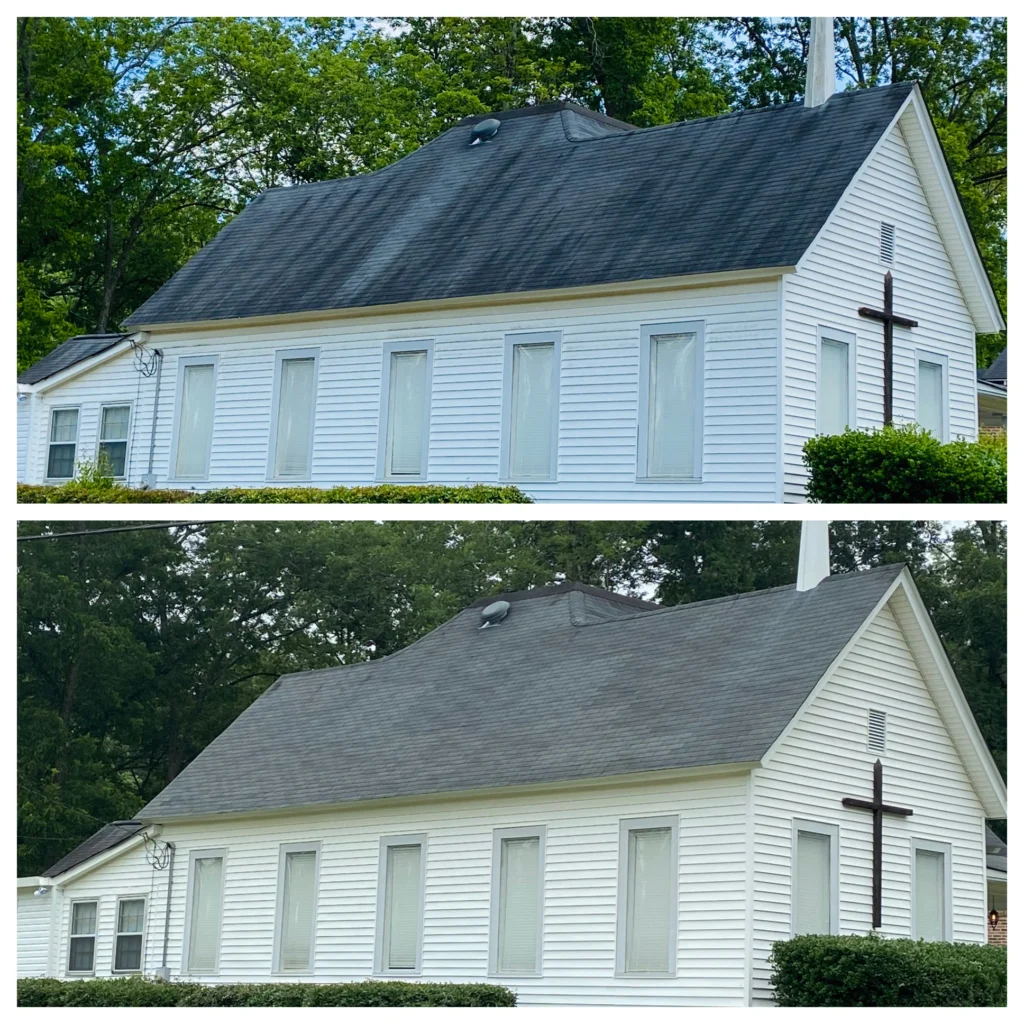 Church roof before and after soft wash cleaning removing algae stains in Barnegat NJ