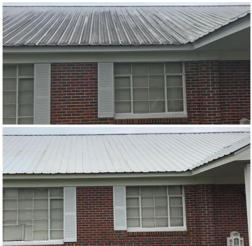 Before and after metal roof cleaning removing dirt and buildup on residential property in Barnegat NJ