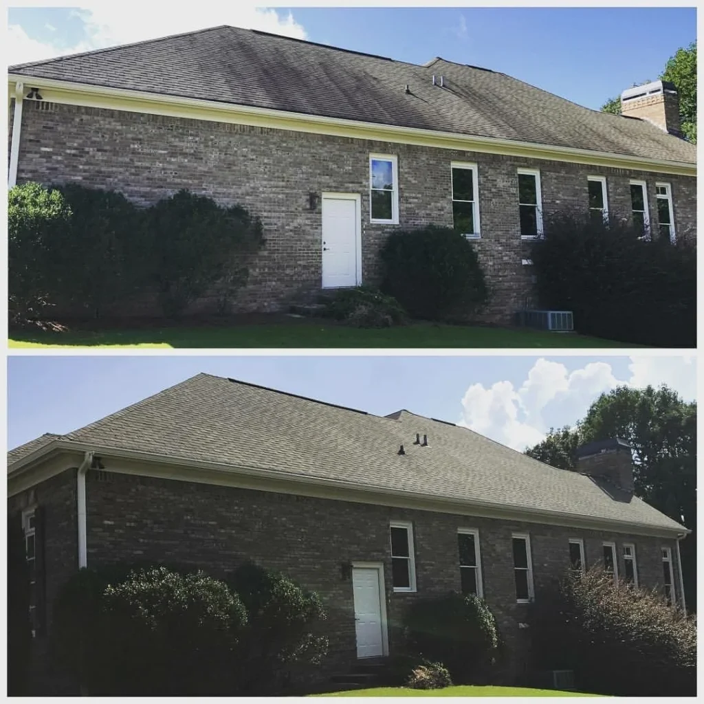 Roof soft washing before and after restoring shingle color on brick home in Barnegat NJ