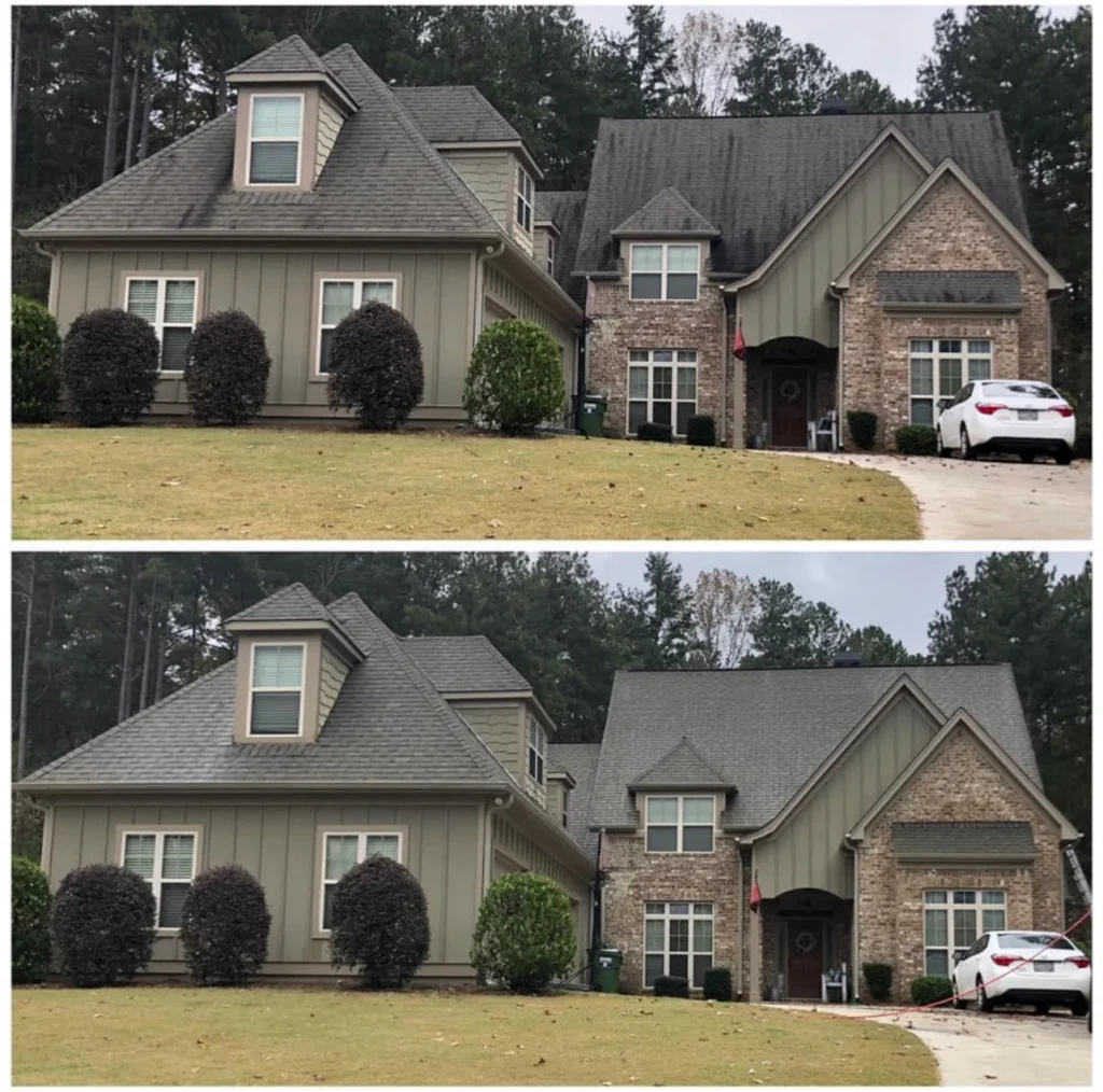 Before and after roof cleaning removing black streaks and algae from shingles on home in Barnegat NJ