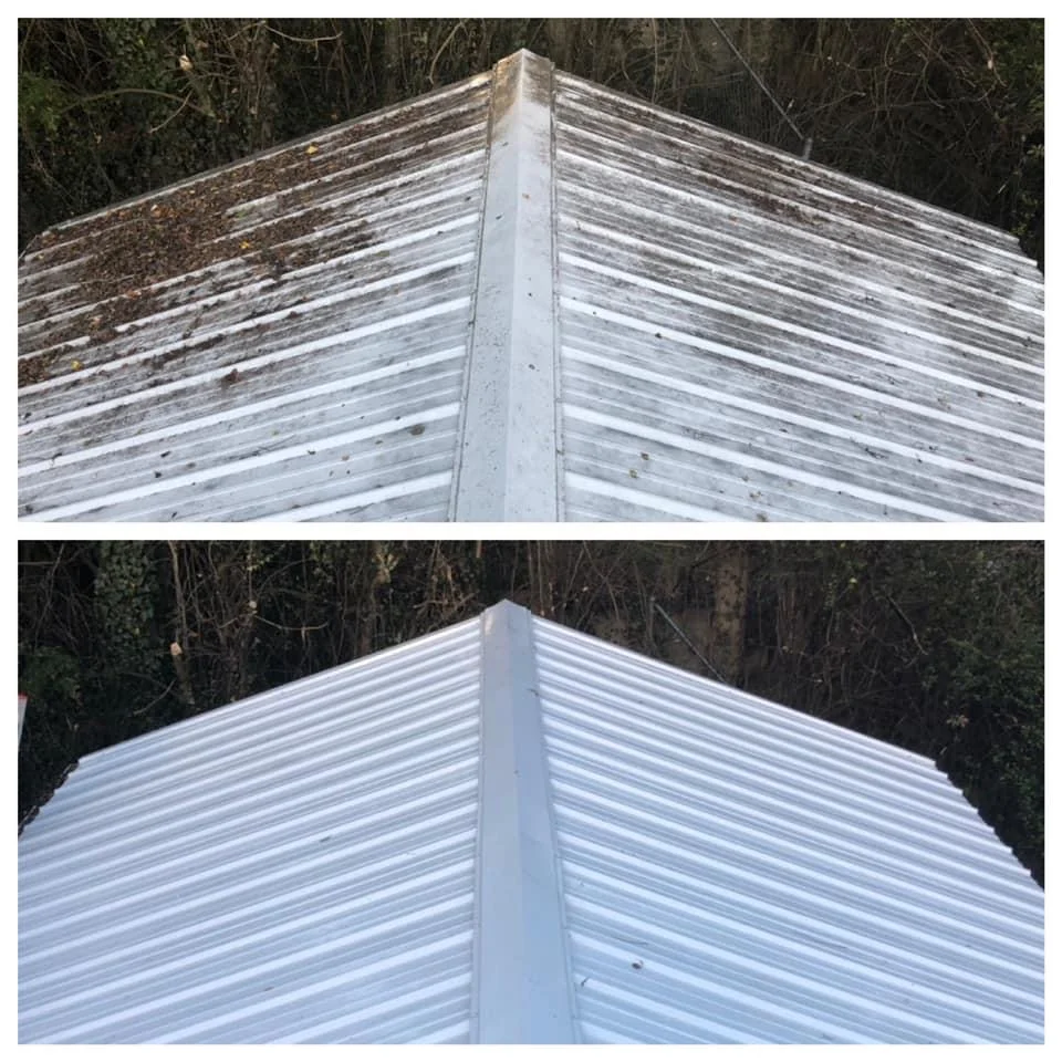 Close-up before and after of metal roof cleaning removing dirt and algae buildup in Ocean County NJ