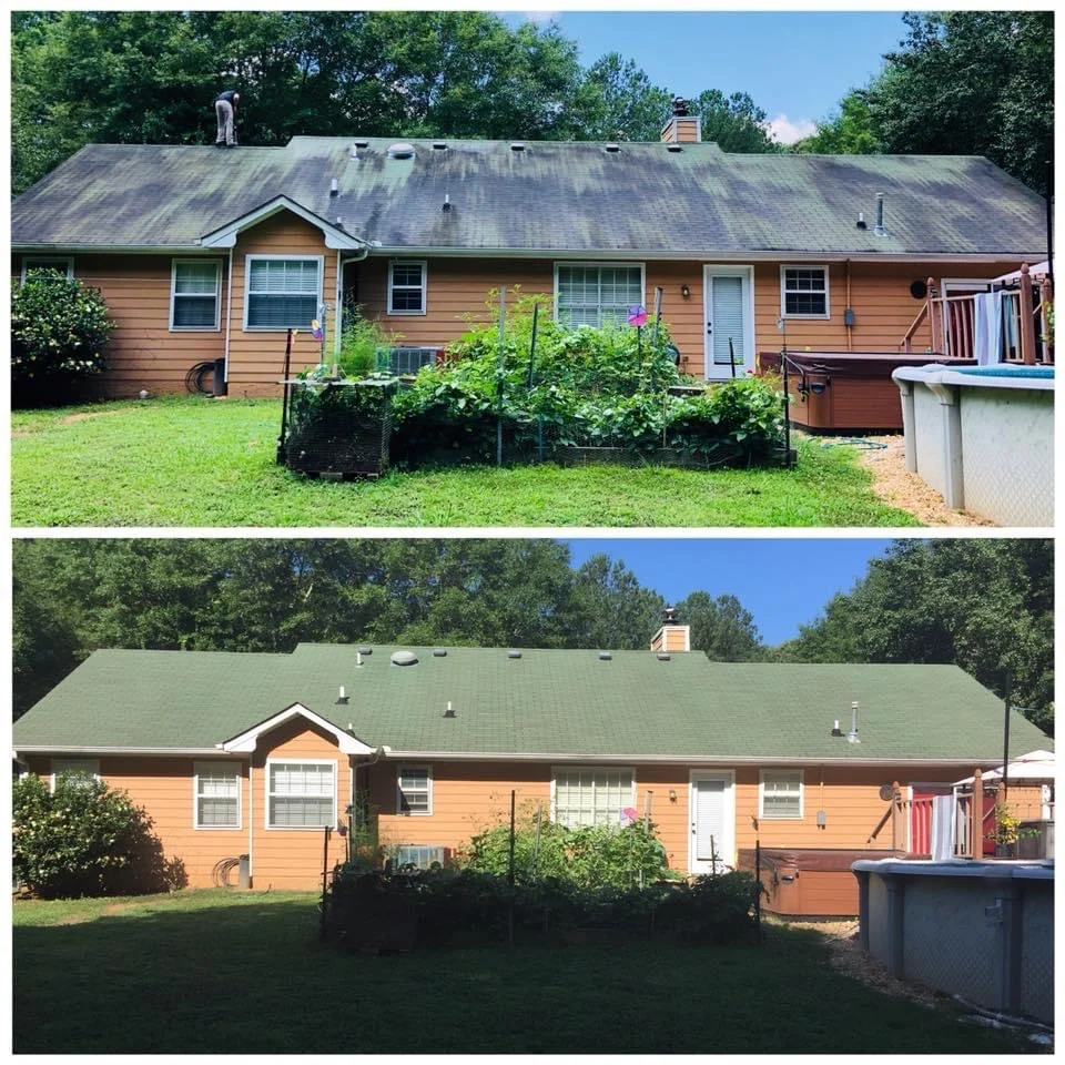 Before and after roof cleaning showing stain removal on residential home in Ocean County NJ
