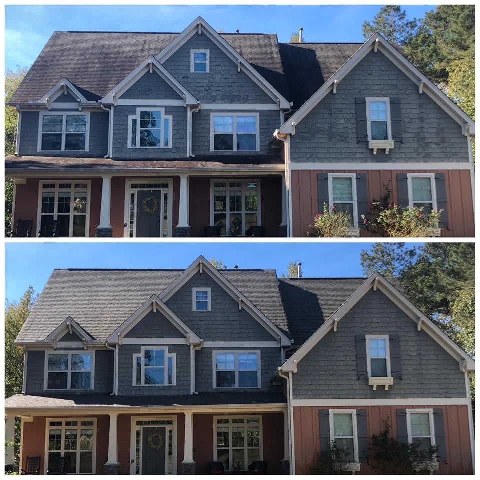 Before and after roof soft wash cleaning improving curb appeal on residential home in Ocean County NJ