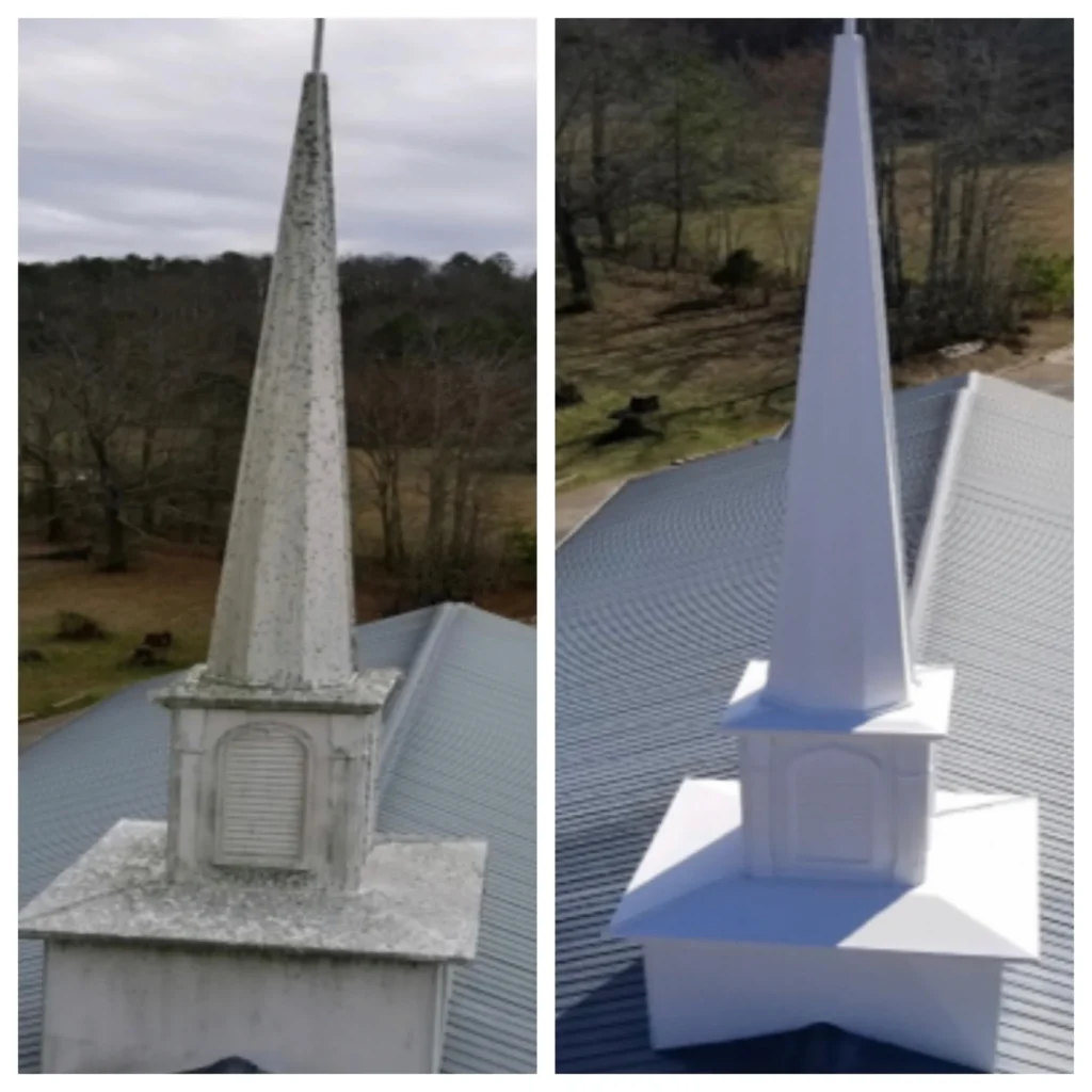 Church steeple before and after soft washing showing complete removal of mold and buildup in Ocean County NJ