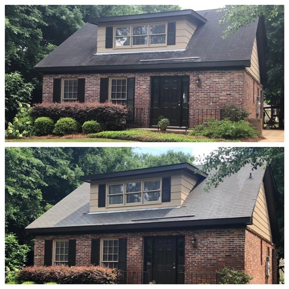 Before and after roof cleaning on brick home removing black streaks and algae in Ocean County NJ