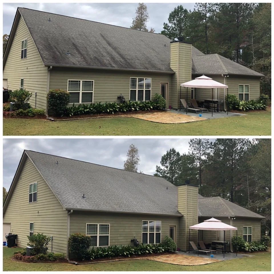 Backyard view of roof cleaning before and after restoring shingle color on home in Ocean County NJ