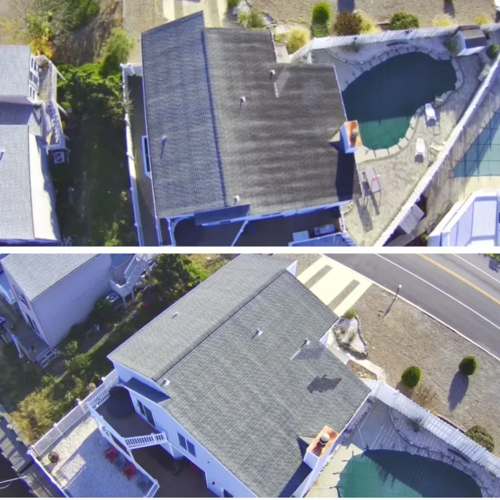 Aerial view of residential roof before and after soft wash cleaning in Ocean County NJ with backyard pool visible