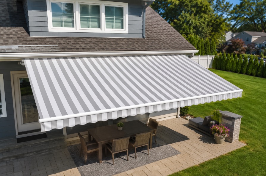 Clean striped fabric awning on a residential home after professional awning cleaning in New Jersey