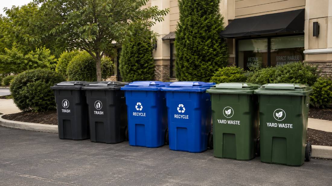 Clean commercial trash and recycling bins outside a New Jersey business