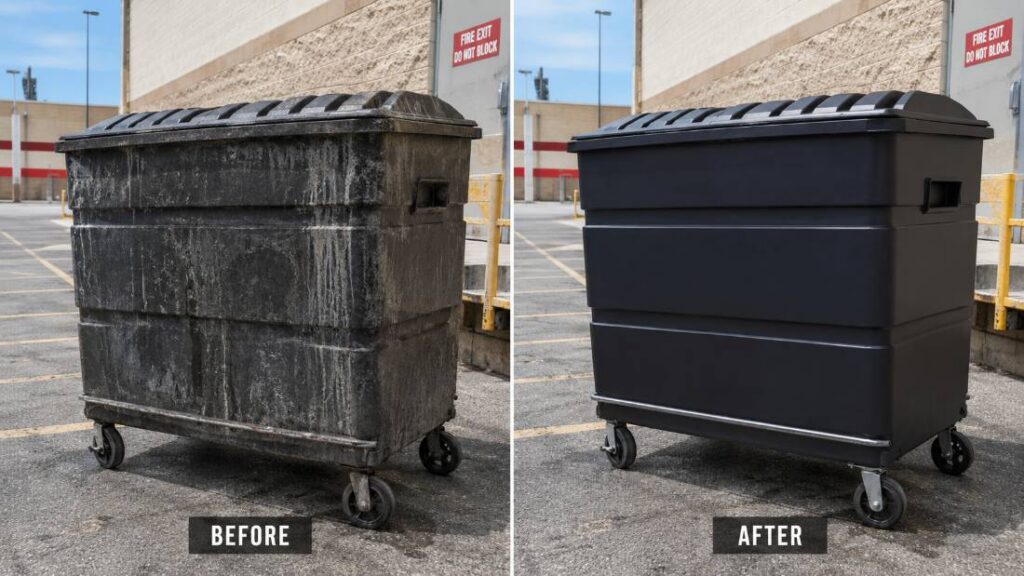 Commercial trash bin before and after outside a New Jersey business